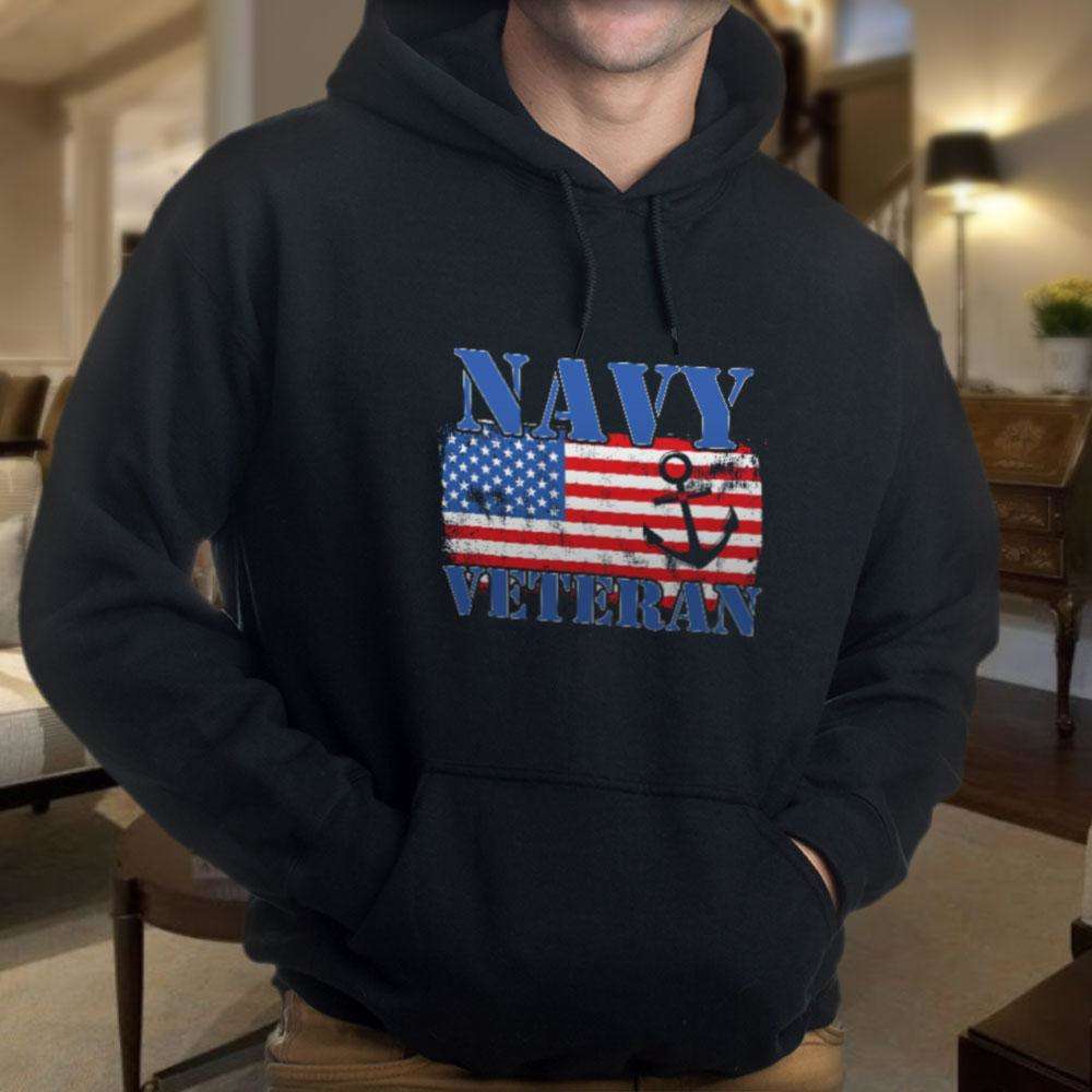 Designs by MyUtopia Shout Out:Navy Veteran w. American Flag and Anchor Core Fleece Pullover Hoodie
