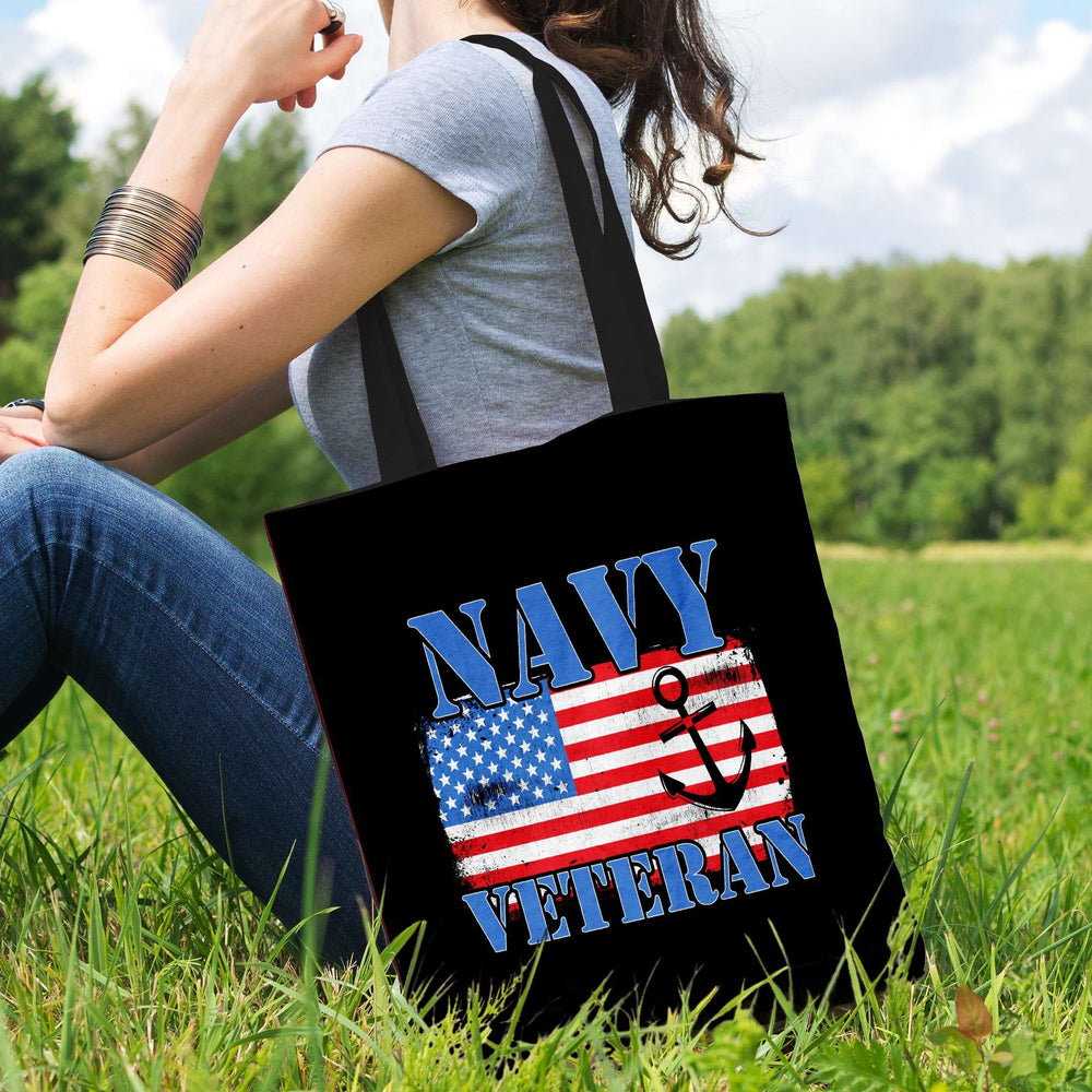 Designs by MyUtopia Shout Out:Navy Veteran w. American Flag and Anchor Fabric Totebag Reusable Shopping Tote