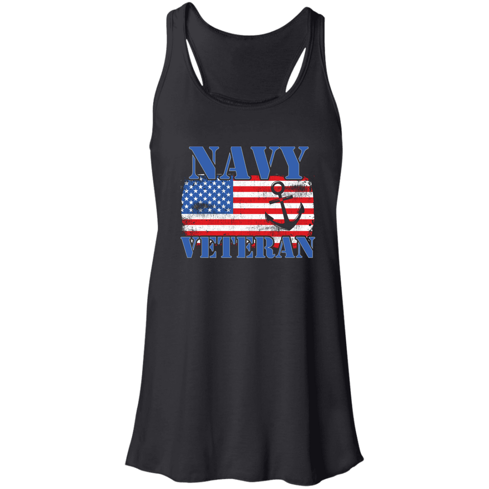 Designs by MyUtopia Shout Out:Navy Veteran w. American Flag and Anchor Ladies Flowy Racerback Tank,X-Small / Black,Tank Tops