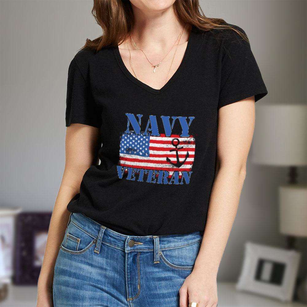 Designs by MyUtopia Shout Out:Navy Veteran w. American Flag and Anchor Ladies' V-Neck T-Shirt