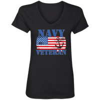 Load image into Gallery viewer, Designs by MyUtopia Shout Out:Navy Veteran w. American Flag and Anchor Ladies&#39; V-Neck T-Shirt,S / Black,Ladies T-Shirts
