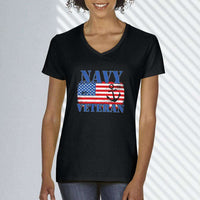 Load image into Gallery viewer, Designs by MyUtopia Shout Out:Navy Veteran w. American Flag and Anchor Ladies&#39; V-Neck T-Shirt
