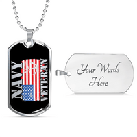 Load image into Gallery viewer, Designs by MyUtopia Shout Out:Navy Veteran w. American Flag and Anchor Personalized Engravable Dog Tag,Silver / Yes,Dog Tag Necklace
