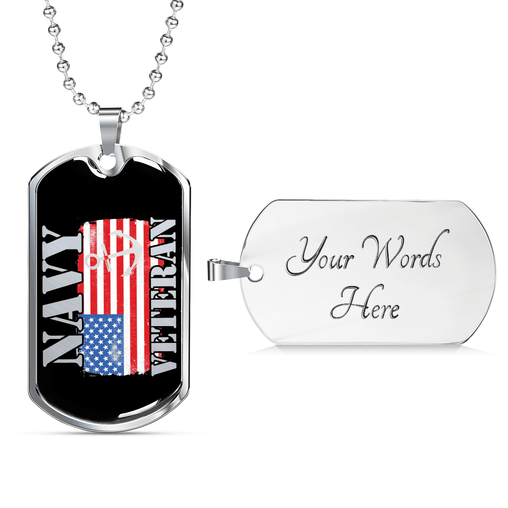 Designs by MyUtopia Shout Out:Navy Veteran w. American Flag and Anchor Personalized Engravable Dog Tag,Silver / Yes,Dog Tag Necklace