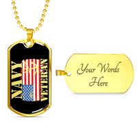 Load image into Gallery viewer, Designs by MyUtopia Shout Out:Navy Veteran w. American Flag and Anchor Personalized Engravable Dog Tag,Gold / Yes,Dog Tag Necklace
