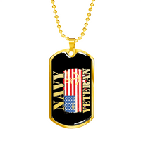 Load image into Gallery viewer, Designs by MyUtopia Shout Out:Navy Veteran w. American Flag and Anchor Personalized Engravable Dog Tag,Gold / No,Dog Tag Necklace
