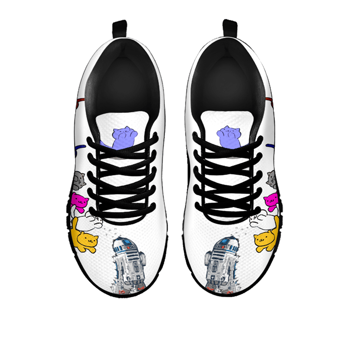 Designs by MyUtopia Shout Out:Nekos Chasing R2-D2 - Women's Running Shoes,White / Black / Ladies US5 (EU35),Running Shoes