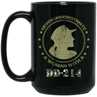Load image into Gallery viewer, Designs by MyUtopia Shout Out:Never Underestimate A Woman With DD-214 Ceramic Coffee Cup,15 oz. / Black,Coffee Cup
