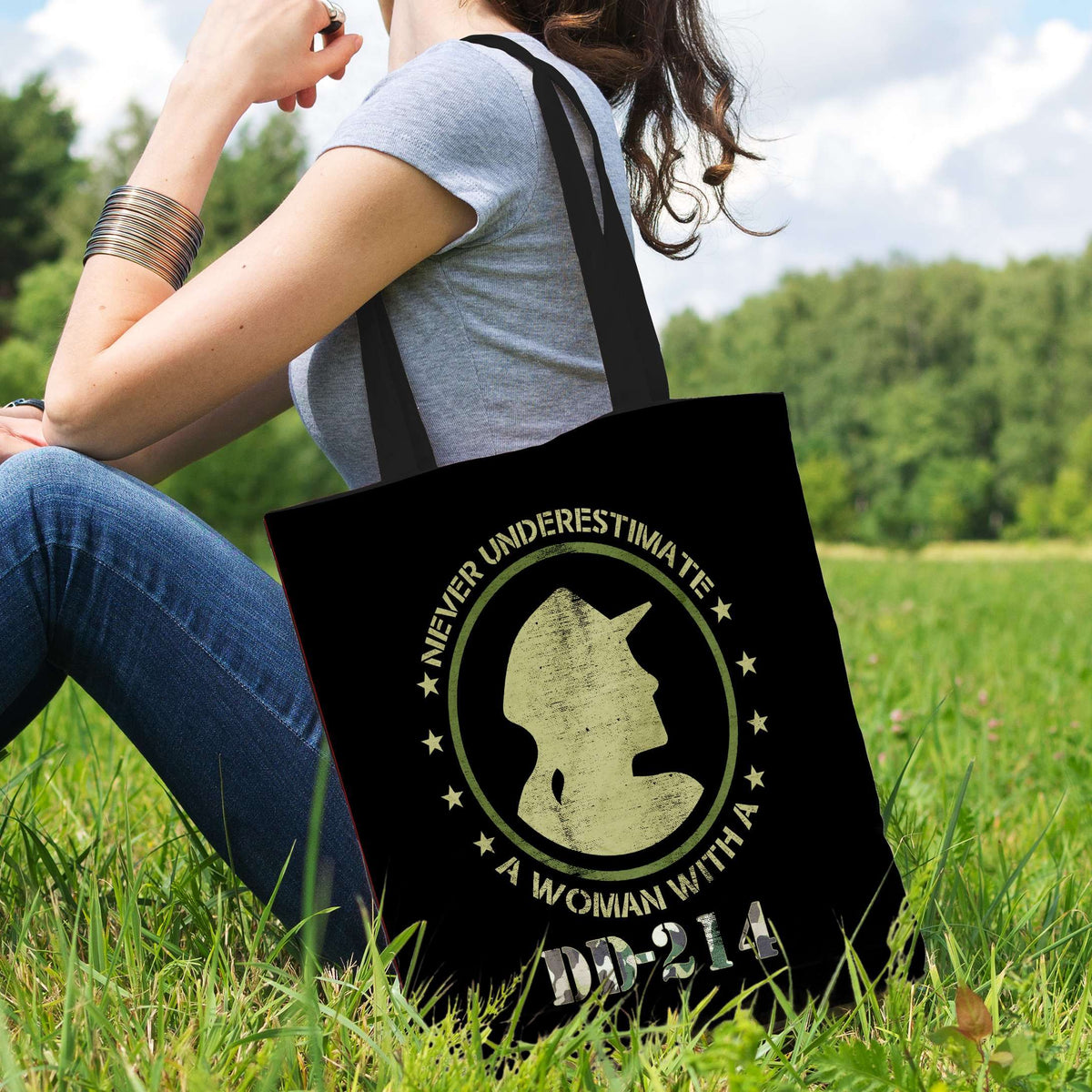 Designs by MyUtopia Shout Out:Never Underestimate A Woman With DD-214 Fabric Totebag Reusable Shopping Tote