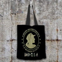 Load image into Gallery viewer, Designs by MyUtopia Shout Out:Never Underestimate A Woman With DD-214 Fabric Totebag Reusable Shopping Tote
