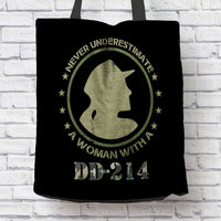 Load image into Gallery viewer, Designs by MyUtopia Shout Out:Never Underestimate A Woman With DD-214 Fabric Totebag Reusable Shopping Tote
