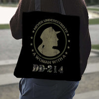 Load image into Gallery viewer, Designs by MyUtopia Shout Out:Never Underestimate A Woman With DD-214 Fabric Totebag Reusable Shopping Tote
