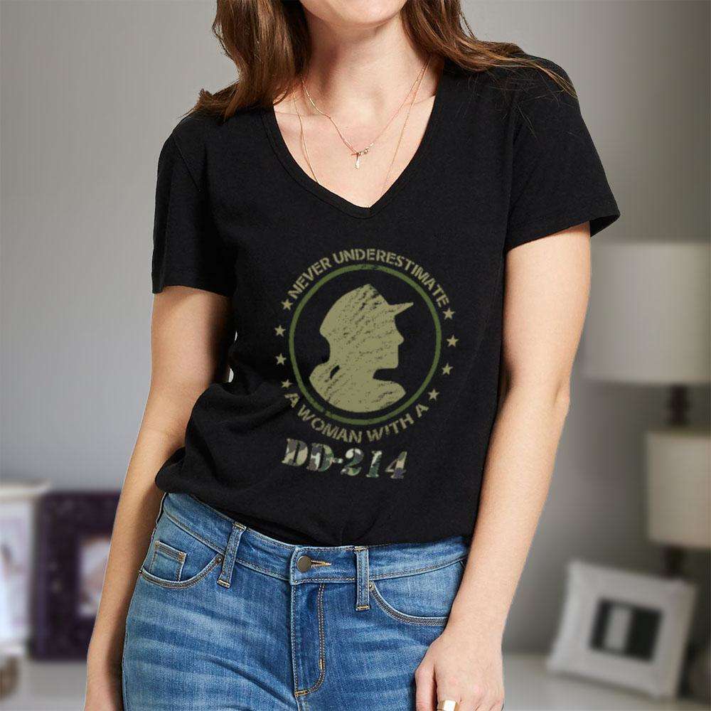 Designs by MyUtopia Shout Out:Never Underestimate A Woman With DD-214 Ladies' V-Neck T-Shirt