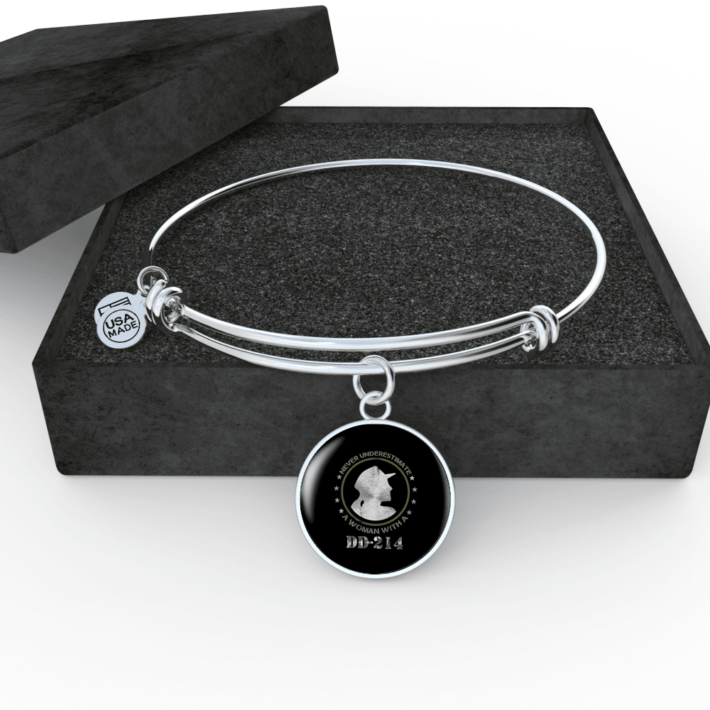 Designs by MyUtopia Shout Out:Never Underestimate A Woman With DD-214 Personalized Engravable Bangle Bracelet,Silver / No,Wire Bracelet