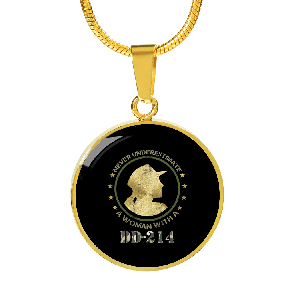 Designs by MyUtopia Shout Out:Never Underestimate A Woman With DD-214 Personalized Engravable Necklace,Gold / No,Necklace