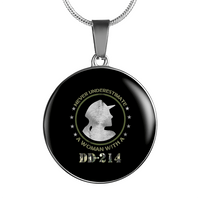 Load image into Gallery viewer, Designs by MyUtopia Shout Out:Never Underestimate A Woman With DD-214 Personalized Engravable Necklace,Silver / No,Necklace
