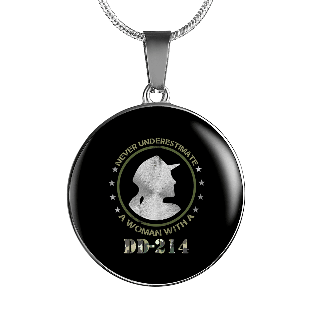 Designs by MyUtopia Shout Out:Never Underestimate A Woman With DD-214 Personalized Engravable Necklace,Silver / No,Necklace