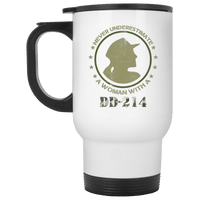 Load image into Gallery viewer, Designs by MyUtopia Shout Out:Never Underestimate A Woman With DD-214 Travel Mug,White / One Size,Travel Mug
