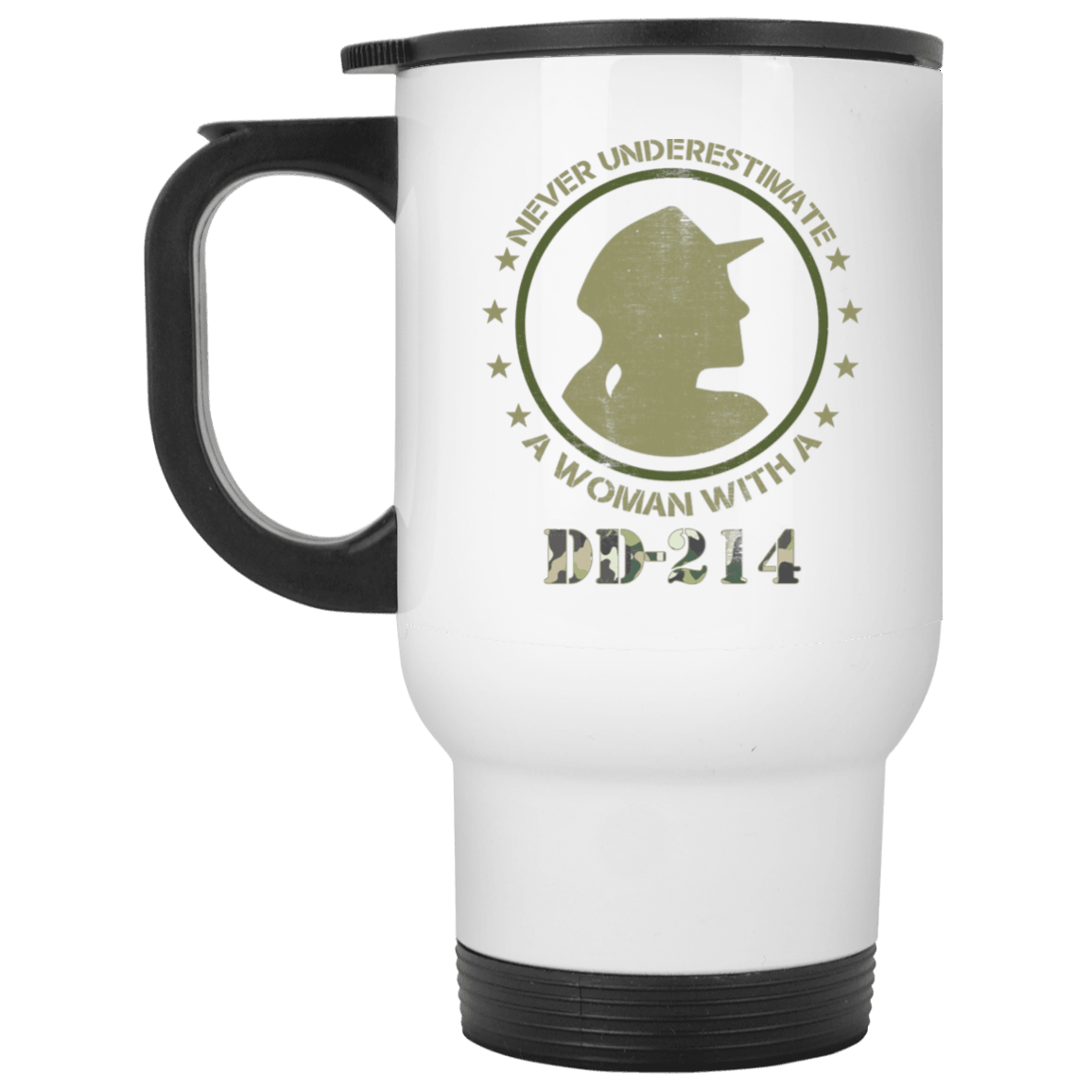 Designs by MyUtopia Shout Out:Never Underestimate A Woman With DD-214 Travel Mug,White / One Size,Travel Mug