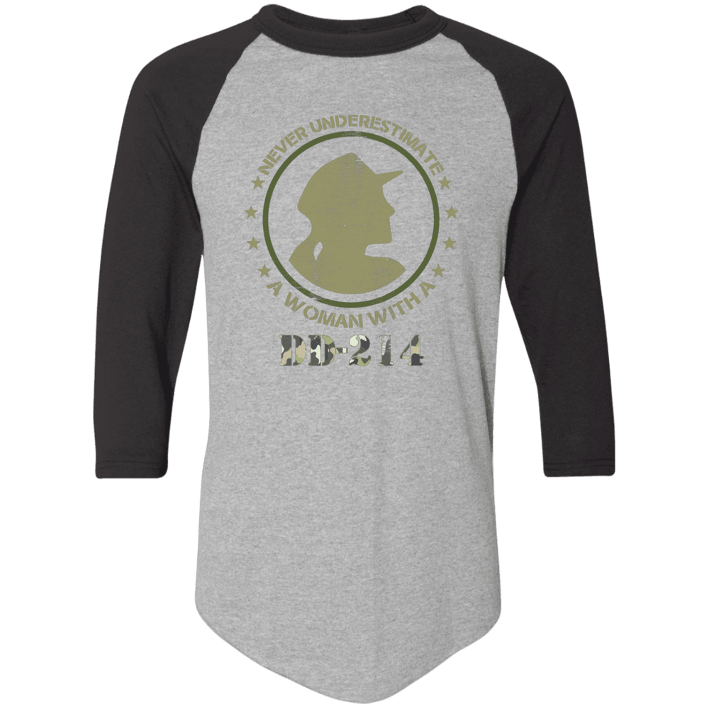 Designs by MyUtopia Shout Out:Never Underestimate A Woman With DD214 3/4 Length Sleeve Color block Raglan Jersey T-Shirt,Athletic Heather/Black / S,T-Shirts