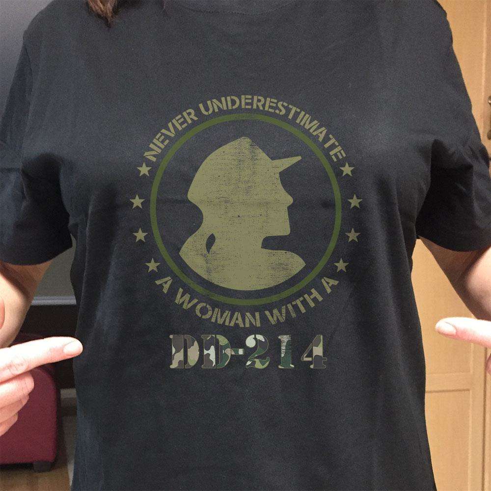 Designs by MyUtopia Shout Out:Never Underestimate A Woman With DD214 Adult Unisex T-Shirt