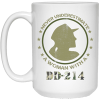 Load image into Gallery viewer, Designs by MyUtopia Shout Out:Never Underestimate A Woman With DD214 Ceramic Coffee Mugs - White,15 oz / White,Ceramic Coffee Mug
