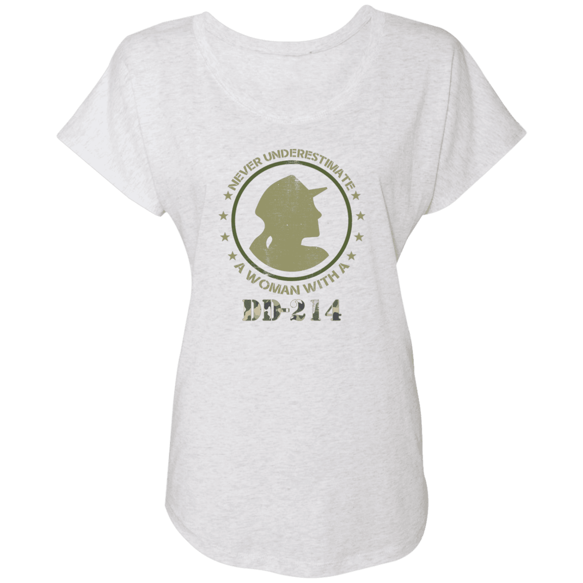Designs by MyUtopia Shout Out:Never Underestimate A Woman With DD214 Ladies' Triblend Dolman Shirt,Heather White / X-Small,T-Shirts