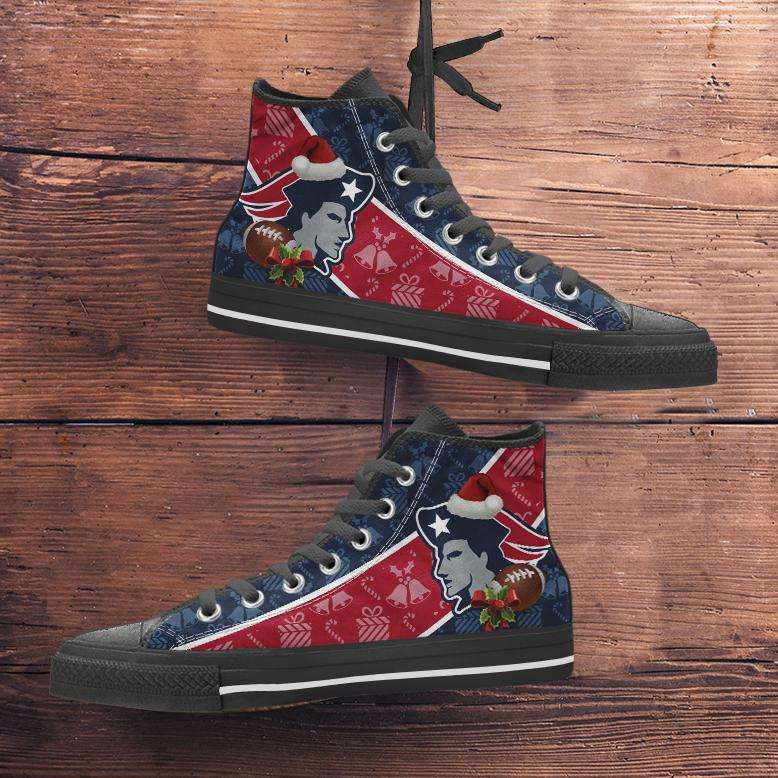 Designs by MyUtopia Shout Out:New England Patriots Christmas Football Pattern Canvas High Top Shoes,Men's / Mens US 5 (EU38) / Blue/Red,High Top Sneakers