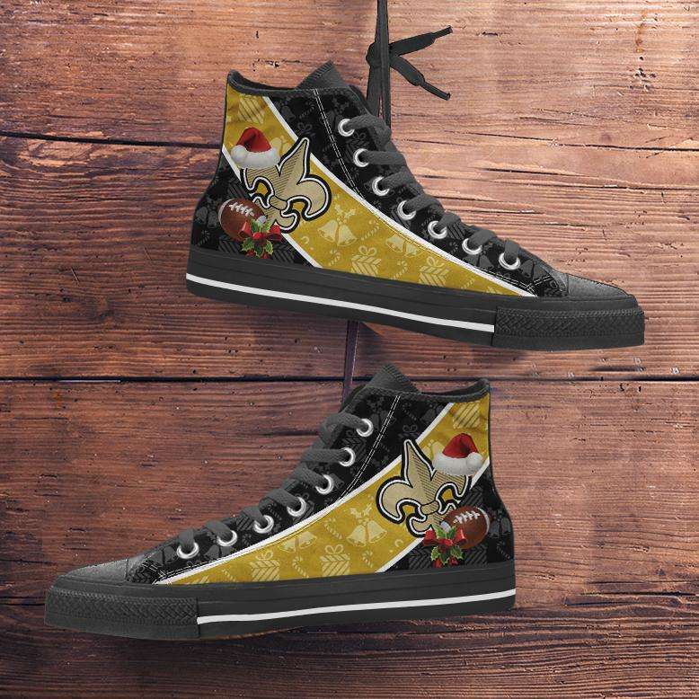 Designs by MyUtopia Shout Out:New Orleans Saints Christmas Football Pattern Canvas High Top Shoes,Men's / Mens US 5 (EU38) / Black/Gold,High Top Sneakers