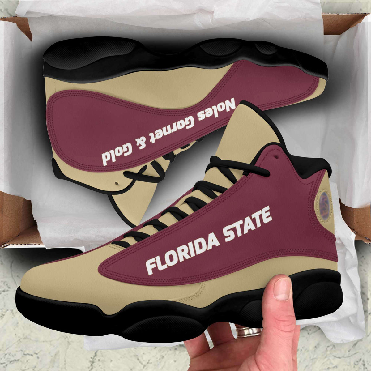 Designs by MyUtopia Shout Out:Noles Garnet and Gold Florida State Basketball Fan Microfiber Leather Hightop Sneakers