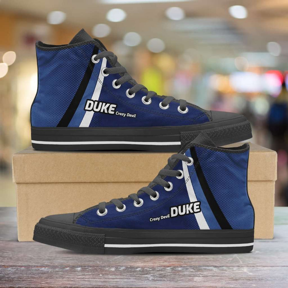 Designs by MyUtopia Shout Out:North Carolina Duke Crazy Devil Basketball Fans Canvas High Top Shoes,Men's / Mens US 5 (EU38) / Duke Blue,High Top Sneakers