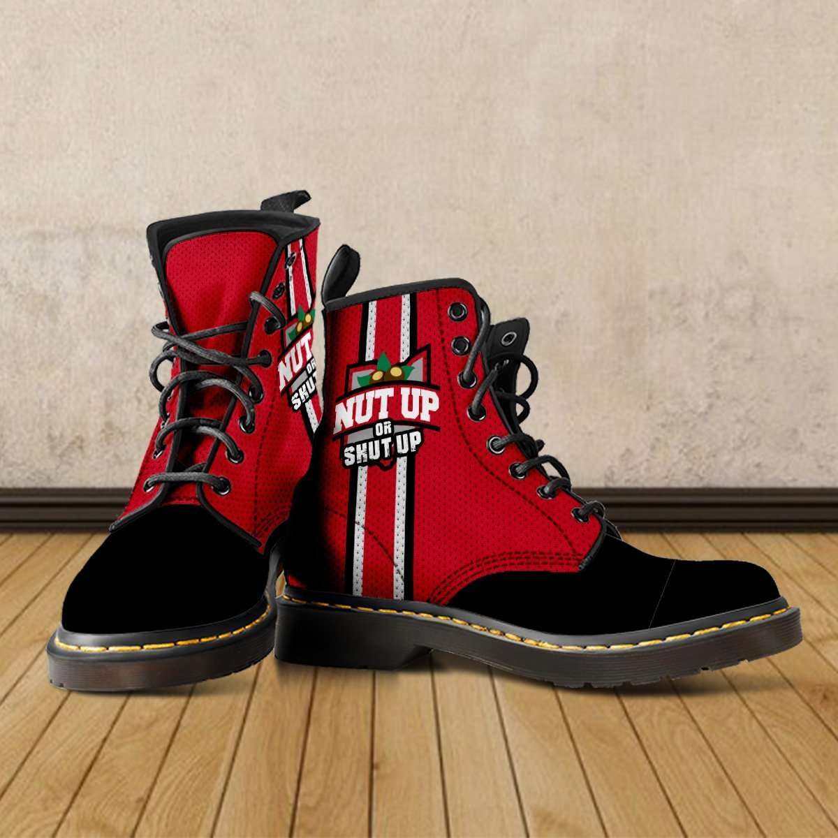 Designs by MyUtopia Shout Out:#NutUpOrShutUp Ohio State Fan Faux Leather 7 Eye Lace-up Boots,Men's / Mens US5 (EU38) / Red/Black,Lace-up Boots