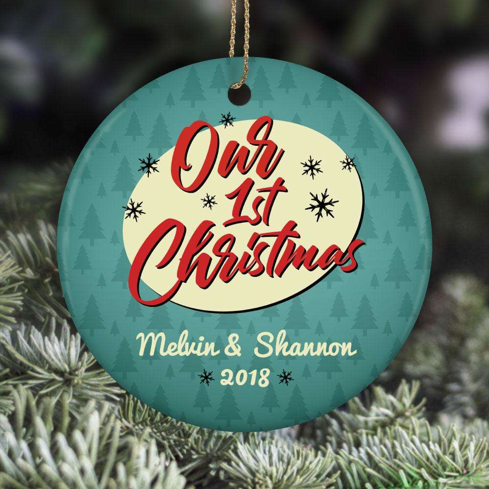 Designs by MyUtopia Shout Out:Our First Christmas Personalized with Name and Date Ceramic Circle Ornament with Trees and Snowflakes,White / One Size,Personalized Christmas Ornament