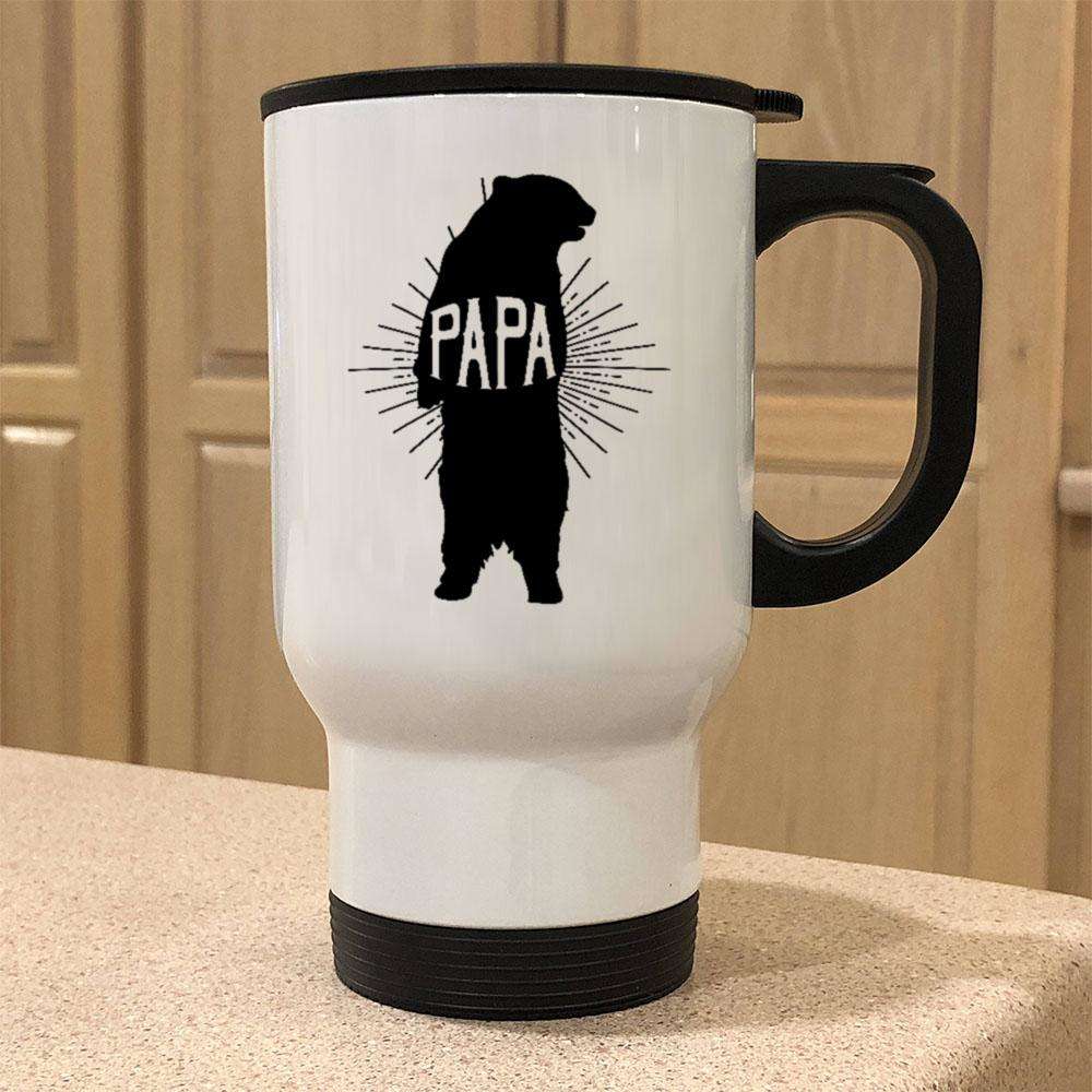 Designs by MyUtopia Shout Out:Papa Bear Stainless Steel Travel Coffee Mug w. Twist Close Lid,White / 14 oz,Travel Mug