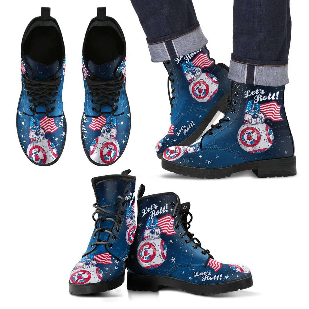 Designs by MyUtopia Shout Out:Patriotic BB-8 Vegan Leather Boots,Men's Leather Boots - Black - Mens / US5 (EU38),