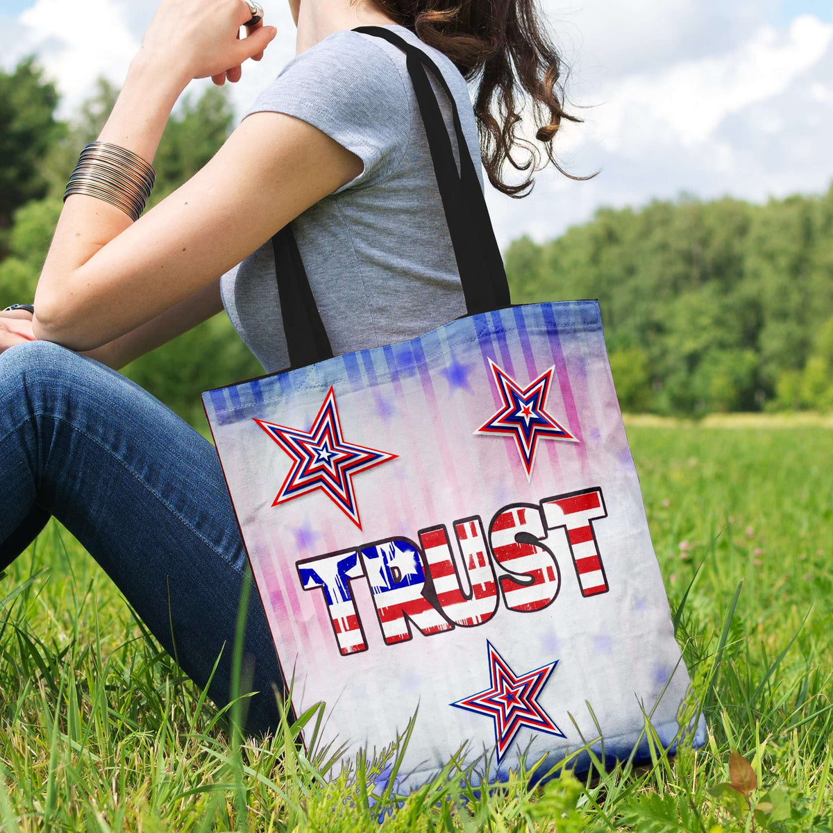 Designs by MyUtopia Shout Out:Patriotic Stars & Stripes - Trust Fabric Totebag Reusable Shopping Tote,Horizontal / Red/Blue/White,Reusable Fabric Shopping Tote Bag