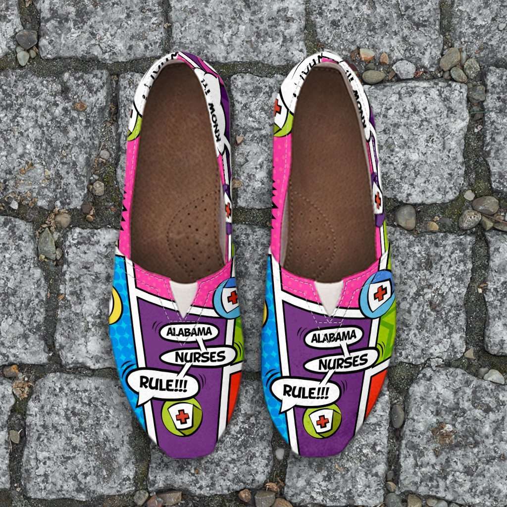 Designs by MyUtopia Shout Out:Personalize it Nurse Themed Comic Strip Casual Canvas Slip on Women's Flats (Your Text in 3 Main Bubbles)