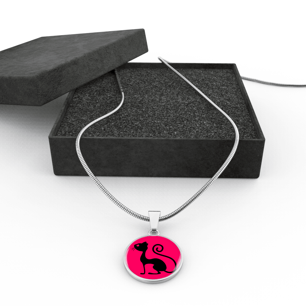 Designs by MyUtopia Shout Out:Pink Cat in Profile,Luxury Necklace w/ adjustable snake-chain / Pink/Black,Necklace