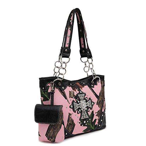 Designs by MyUtopia Shout Out:Pink Forest Camo Western Purse with Cross Bling, Cellphone Holder and Concealed Carry Pocket,Black,Handbag Purse