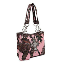 Load image into Gallery viewer, Designs by MyUtopia Shout Out:Pink Forest Camo Western Purse with Cross Bling, Cellphone Holder and Concealed Carry Pocket,Brown,Handbag Purse
