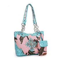 Load image into Gallery viewer, Designs by MyUtopia Shout Out:Pink Forest Camo Western Purse with Cross Bling, Cellphone Holder and Concealed Carry Pocket,Turquoise,Handbag Purse

