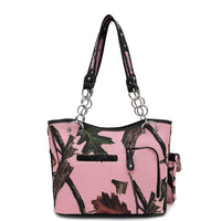 Load image into Gallery viewer, Designs by MyUtopia Shout Out:Pink Forest Camo Western Purse with Cross Bling, Cellphone Holder and Concealed Carry Pocket
