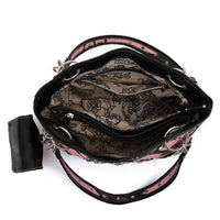 Load image into Gallery viewer, Designs by MyUtopia Shout Out:Pink Forest Camo Western Purse with Cross Bling, Cellphone Holder and Concealed Carry Pocket

