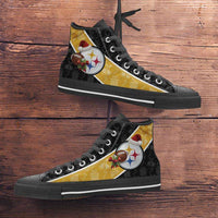 Load image into Gallery viewer, Designs by MyUtopia Shout Out:Pittsburgh Steelers Christmas Football Pattern Canvas High Top Shoes,Men&#39;s / Mens US 5 (EU38) / Black/Gold,High Top Sneakers
