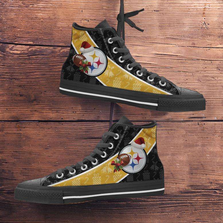 Designs by MyUtopia Shout Out:Pittsburgh Steelers Christmas Football Pattern Canvas High Top Shoes,Men's / Mens US 5 (EU38) / Black/Gold,High Top Sneakers
