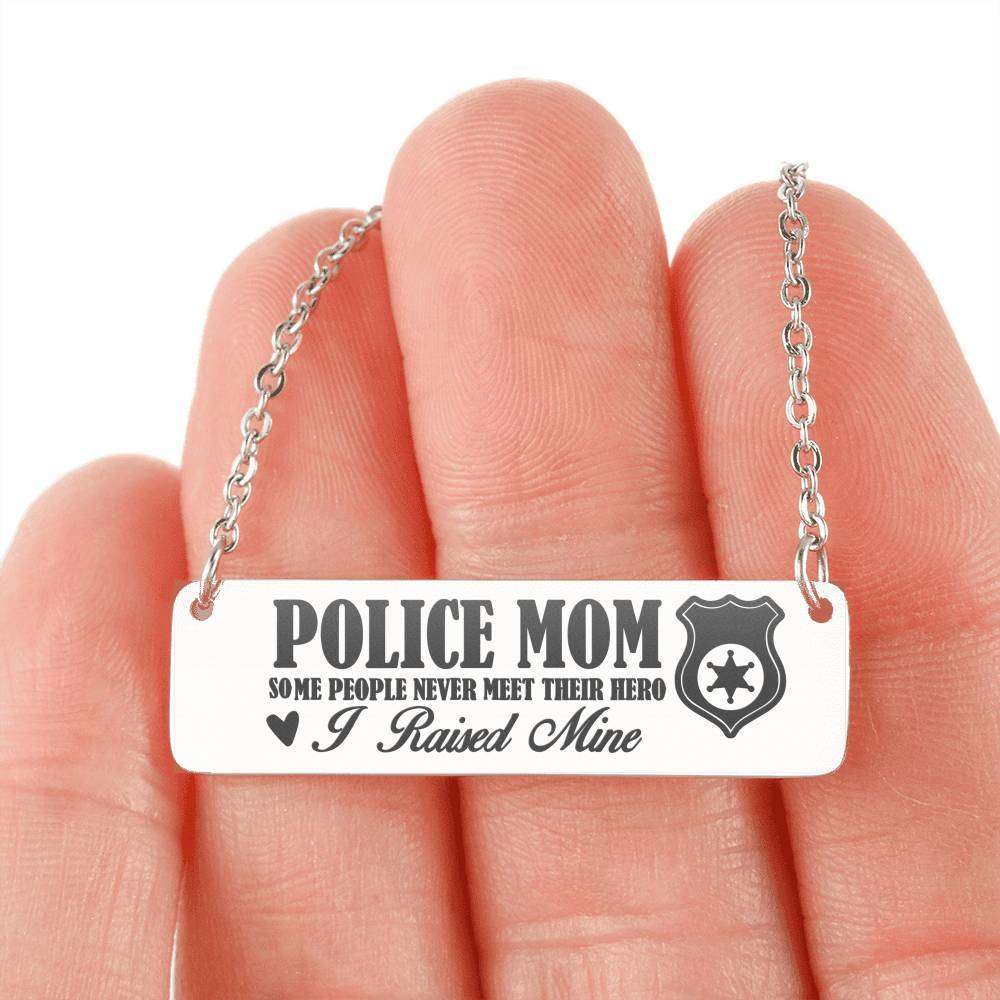 Designs by MyUtopia Shout Out:Police Mom ... I Raised My Hero Engraved Personalized Bar Necklace,Stainless Steel Horizontal Bar Necklace / No,Necklace