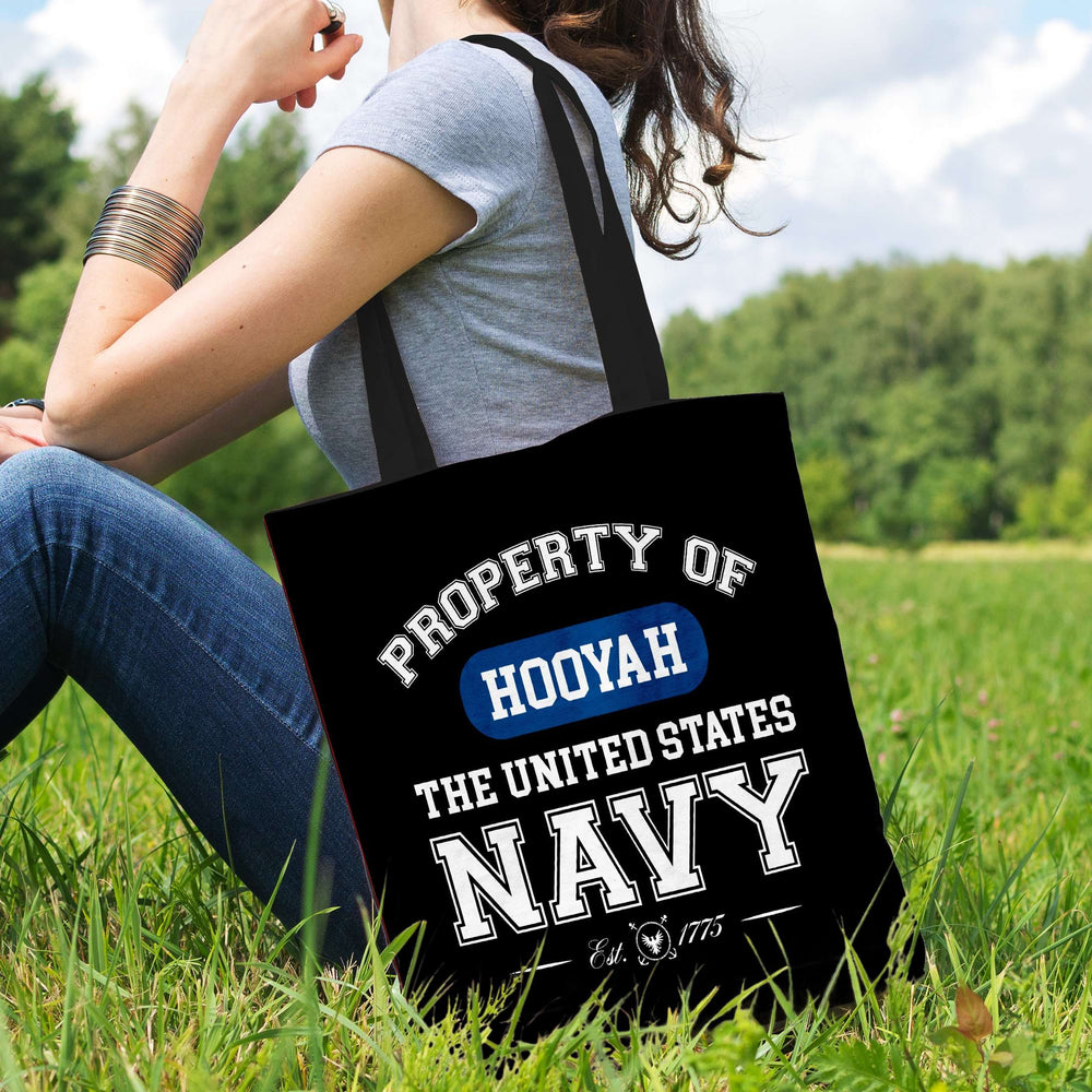 Designs by MyUtopia Shout Out:Property of  Hooyah US Navy Fabric Totebag Reusable Shopping Tote
