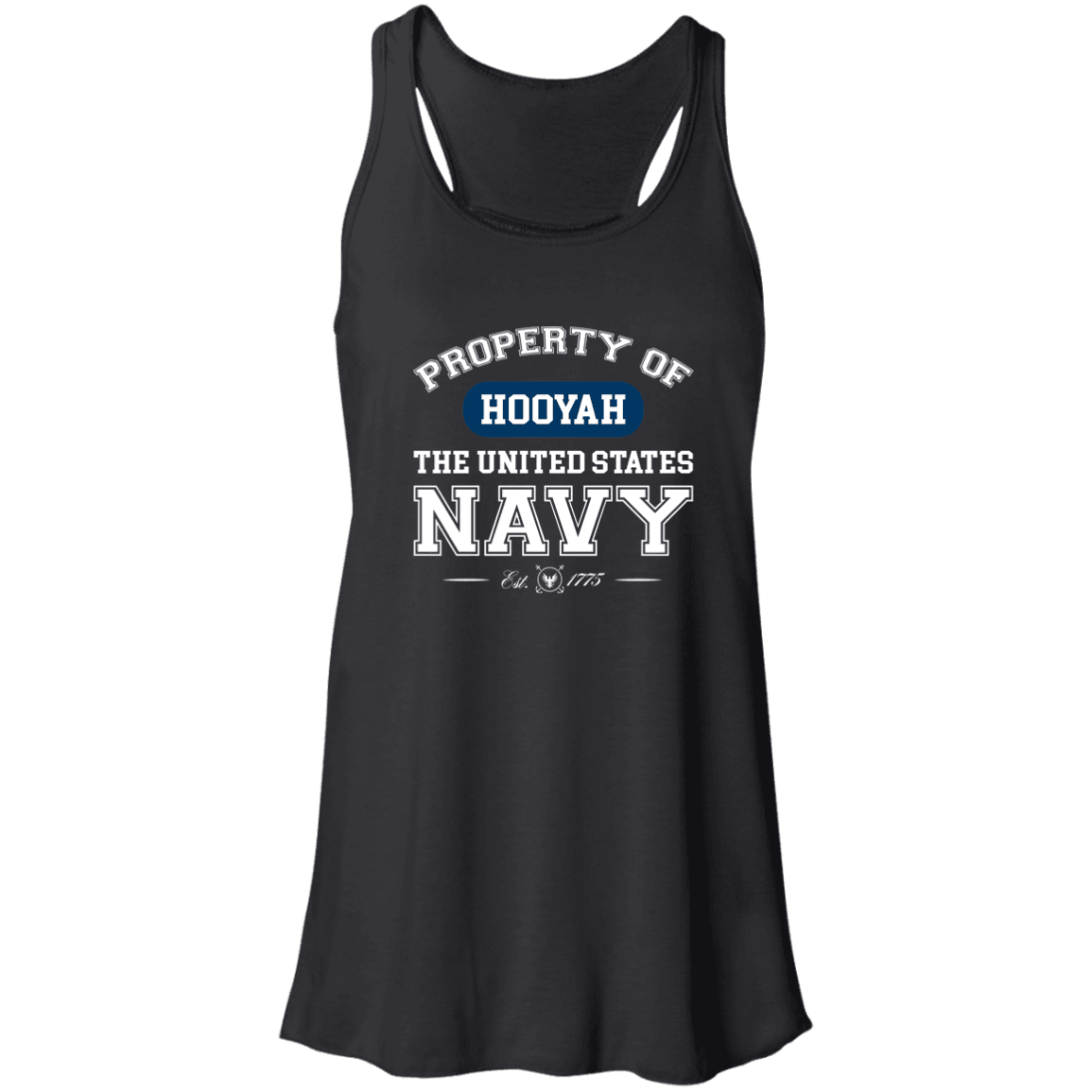 Designs by MyUtopia Shout Out:Property of  Hooyah US Navy Flowy Racerback Tank,X-Small / Black,Tank Tops