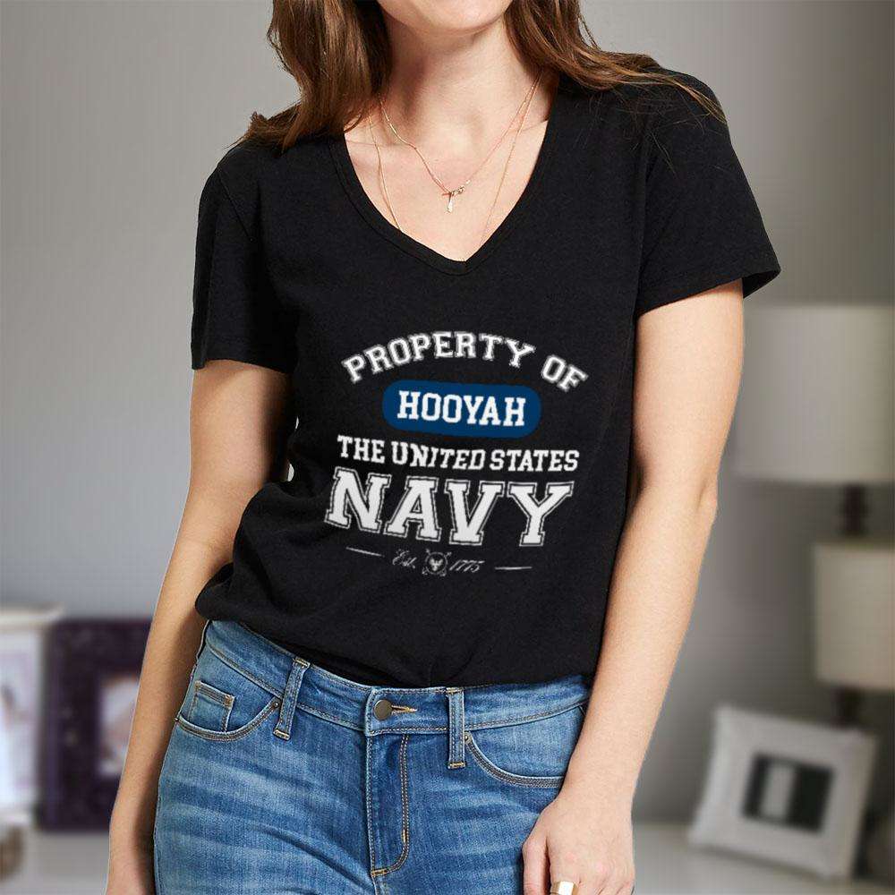 Designs by MyUtopia Shout Out:Property of  Hooyah US Navy Ladies' V-Neck T-Shirt