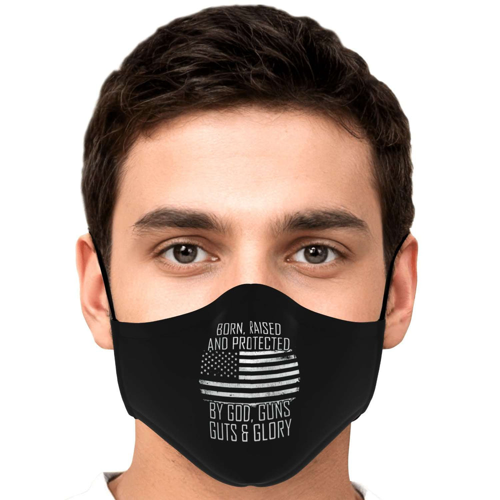 Designs by MyUtopia Shout Out:Protected by God Guns and Glory Fitted Fabric Face Mask w. Adjustable Ear Loops,Adult / Single / No filters,Fabric Face Mask